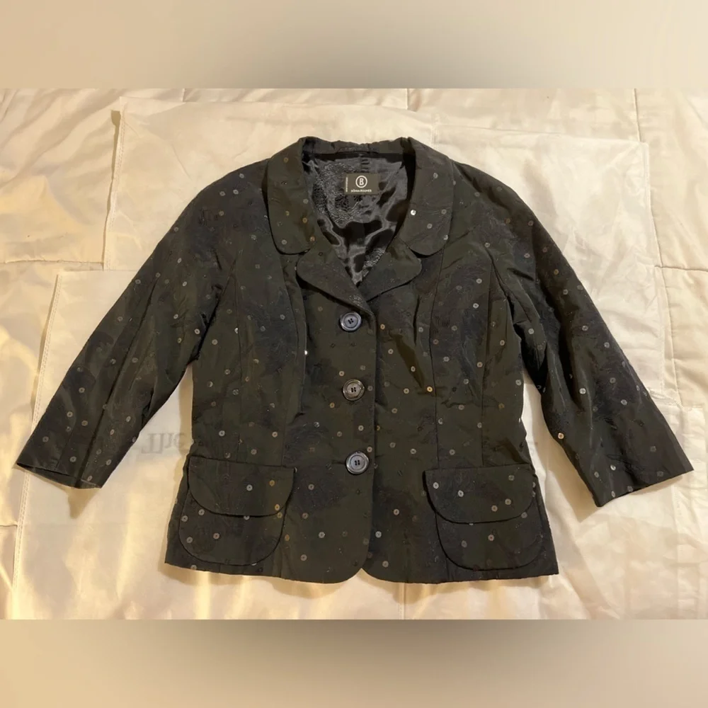 Sônia Bogner womens evening Jacket small Black Sequin Collar shimmer 3/4 sleeve  - Picture 14 of 16